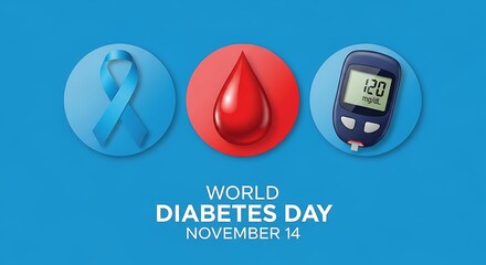 World diabetes day awareness with blue ribbon blood drop and glucose meter