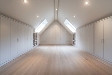 Spacious attic room with white builtin wardrobe, open shelves and hardwood floor