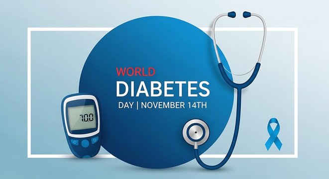 World diabetes day awareness concept with blue ribbon and medical equipment on light background