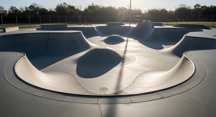 Sunlit concrete skatepark, a modern recreation area with ramps, bowls, and rails, providing diverse challenges for skateboarders and BMX riders under clear sky