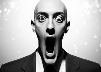 Exaggerated black and white portrait of a shocked businessman screaming in horror or surprise