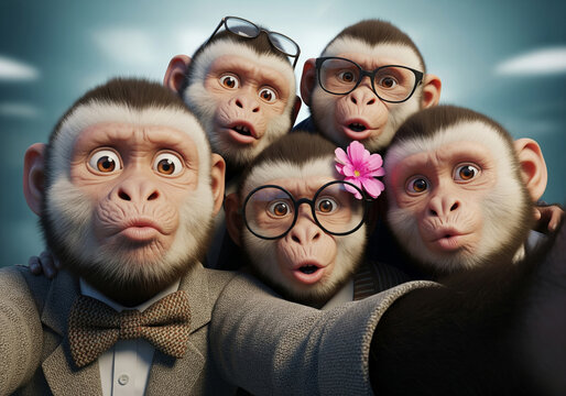 Funny anthropomorphic monkeys in suits and glasses taking a surprised group selfie portrait
