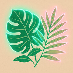 Retro Tropical Leaf Vector Texture with Neon Accent – Botanical Minimalist Design