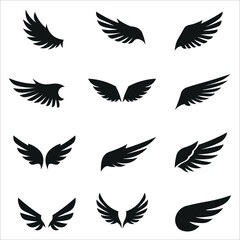 Collection of black stylized wing silhouettes in various shapes and sizes for graphic design and art silhouette
