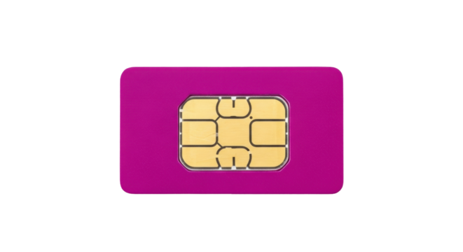 Isolated purple SIM card, chip for phones and mobile devices, on no background image