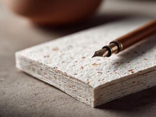 Closeup shot featuring handmade paper and a fountain pen. Symbolizes writing, creativity, and nostalgia. Ideal for blog posts, book covers, and inspirational content.