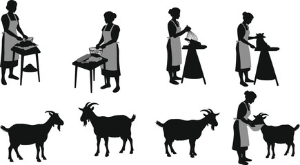Traditional women cooking food and caring for goats vector illustration, rural lifestyle silhouettes, farming culture, agriculture, kitchen work, animal care