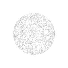 Round underwater sticker concept in marine outline style. Circular aquatic design with ocean life, swirl of seaweed, and animal motifs. Unique circle pattern with marine and aquatic elements, clean