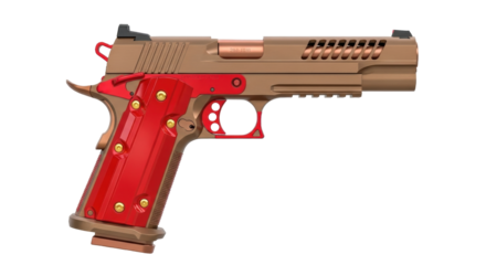 Isolated custom handgun pistol, side view close-up on gun metalwork, red grips and accents