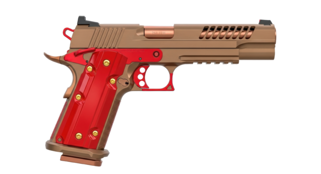 Isolated custom handgun pistol, side view close-up on gun metalwork, red grips and accents