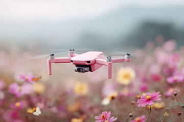 A pink drone gracefully soars over a vibrant field of cosmos flowers. Symbolizes innovation, technology, freedom, and perspective. Perfect for tech, travel, or nature themes.