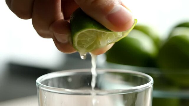 Squeezing lime into glass suitable for cocktails presentation, promotional videos, demonstration videos, or advertising lime, cocktail preparation,