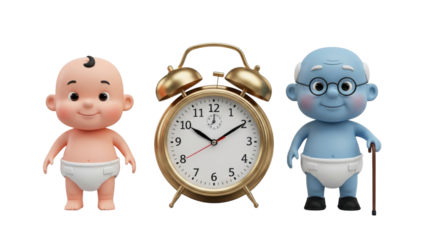 Isolated Cartoon characters of aging, baby, alarm clock, infancy, adulthood, and seniority