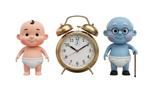 Isolated Cartoon characters of aging, baby, alarm clock, infancy, adulthood, and seniority