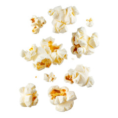 Fototapeta premium PNG image of flying popcorn pieces suspended in mid-air, perfect for snack-themed designs, advertisements, and creative projects