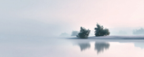 Fototapeta premium Serene landscape featuring trees reflected in calm water, enveloped by mist. Evokes peace, tranquility, and reflection. Ideal for mindfulness or nature themes.