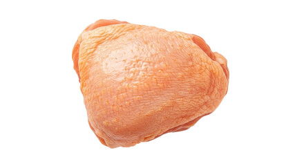 Isolated raw chicken thigh, uncooked poultry, pale skin, ready for cooking or preparation