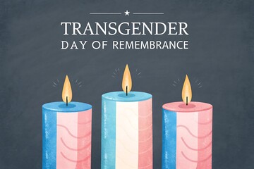 Transgender Day Of Remembrance Candles: Three Pink And Blue Striped Holders On Dark Background

