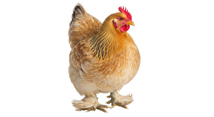 Isolated Brahma chicken facing right with light tan feathers and red comb on its head