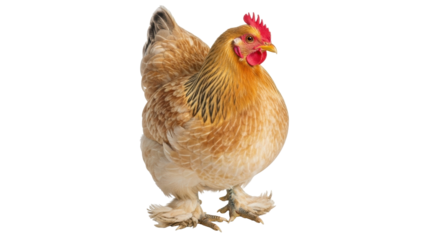 Isolated Brahma chicken facing right with light tan feathers and red comb on its head