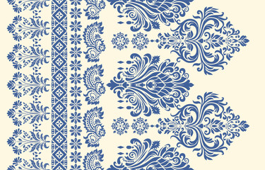 floral pattern vintage ethnic modern embroidery texture boho design vector illustration hand drawn pink flower motif branches leaves wallpaper seamless background border.	
