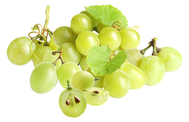 Realistic photo of a bunch of fresh green grapes, complete with tendrils and fresh leaves, placed alone on a transparent background.