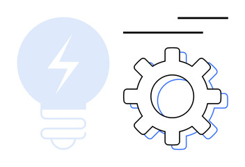 Light bulb with lightning bolt and gear wheel represent creativity, innovation, productivity, teamwork, and technology. Ideal for engineering, business planning, problem-solving, and strategy
