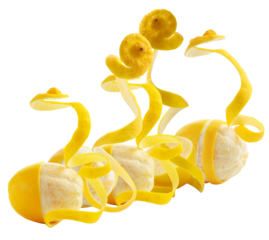 creative arrangement featuring three partially peeled lemons adorned with continuous, long, abstract spirals of bright yellow zest curling gracefully, isolated on a pure transparent background.