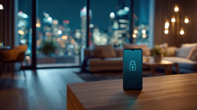 Smartphone with lock icon in modern apartment overlooking cityscape at night
