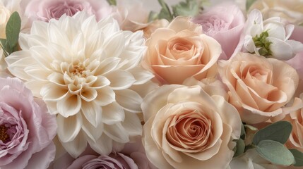 Obraz premium Delicate floral arrangement features roses and a dahlia in soft pastel hues.