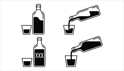 Black and white icons of alcohol bottle and shot glass pouring liquid vector