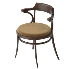 An antique chair with a curved back and a round seat, with armrests. The chair is made of wood