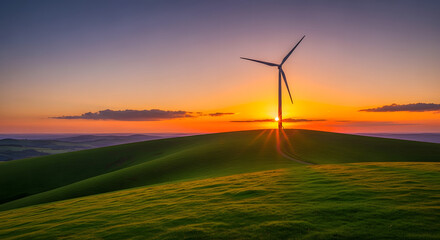 Golden Sunset Over Rolling Green Hills With A Solitary Wind Turbine Harnessing Renewable Energy