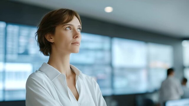 female administrator reviewing predictive analytics on large interactive wall display subtle data hum futuristic logistics center three quarter wide angle cinematic color