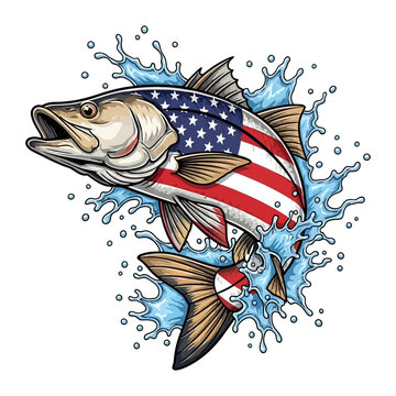 Patriotic fishing design American flag pattern on snook fish jumping vector