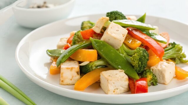 kids food allergy friendly Vibrant stir-fried vegetables and tofu served on a plate, garnished with green onions.