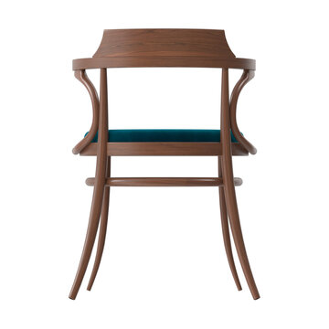 Elegant wooden chair with teal cushion, showcased from the rear, exhibiting meticulous craftsmanship