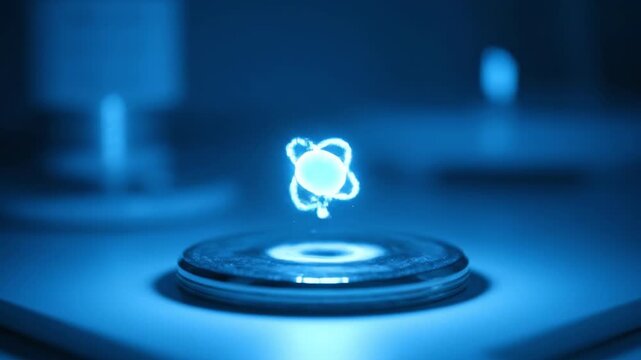 Glowing orb levitating above a disc, emitting ethereal smoke in blue-lit, science-inspired scene