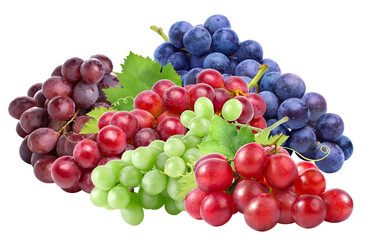 assortment of colorful grape varieties, featuring clusters of red, green, and dark purple table grapes piled together and isolated on a transparent background.