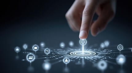 Finger Touching Glowing Tech Icon: Futuristic Interaction Interface Scene