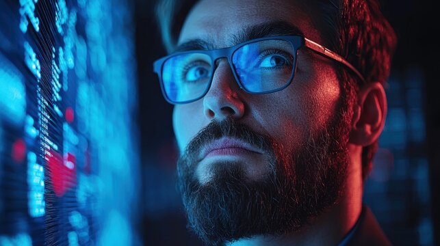 Close-up of a man focused on a vibrant digital display showing financial data