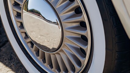 Close-Up Shot of Vintage Car Wheel Hubcap, Urban Setting, Photography, Modern Environment, Detailed View, Automotive Concept