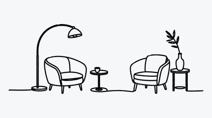 Minimalist living room interior sketch with armchairs lamp and plant pot