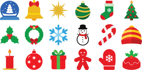 Collection of festive christmas ornaments and decorations in a colorful flat illustration style