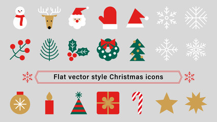 シンプルなクリスマスのアイコンセット。フラットな冬の素材。Christmas icons