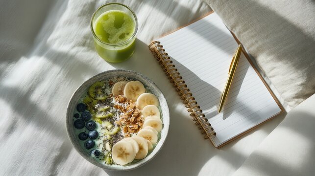 Healthy breakfast with smoothie bowl and green juice next to journal and pen on a sunlit bed

