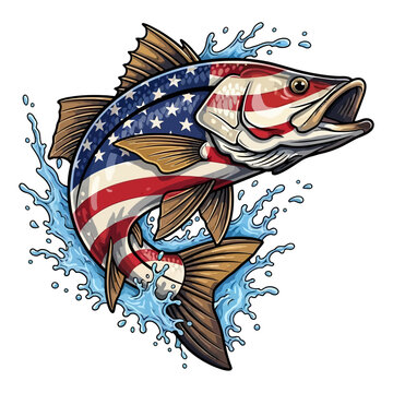 Patriotic fishing design American flag pattern on snook fish jumping vector