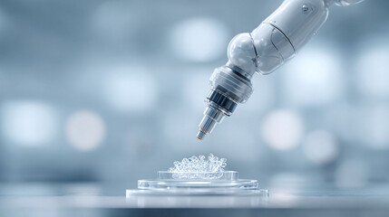 Precision robotic arm examining sample in laboratory. Symbolizes automation, science, and technological progress. Ideal for research, healthcare, or futuristic concepts.