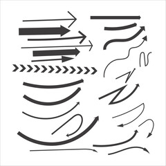 This image displays a collection of black and white arrows in various styles. On the left, there are straight and clustered horizontal arrows, followed by a dense row of chevron arrows. The right side