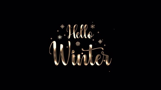 Hello Winter text in shiny golden metallic style with snowflakes and sparkles on transparent background, festive winter holiday greeting design. 4K video